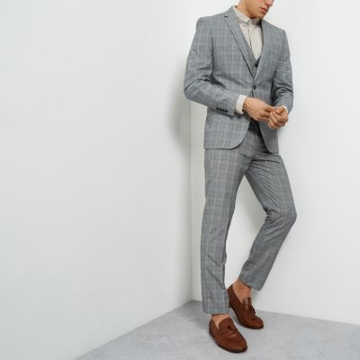Grey check slim fit suit trousers